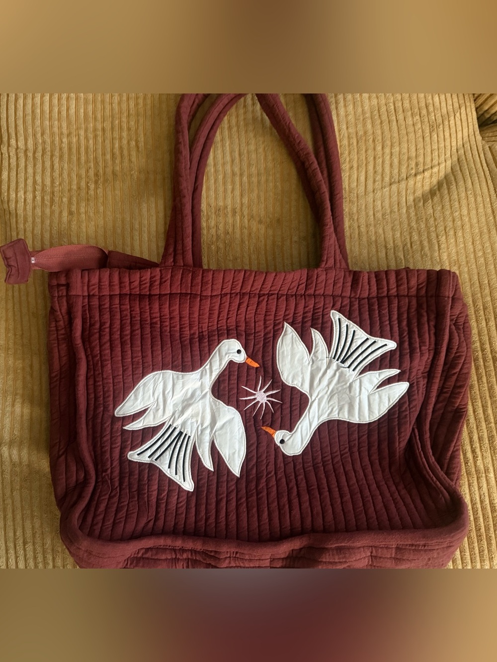 By Billie Nappy Diaper Quilted Burgundy Tote Bag with White Dove Appliqué